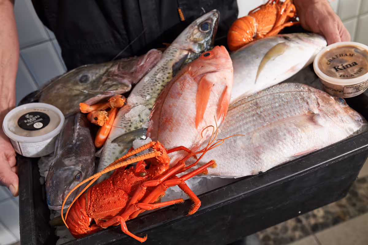 Black tray filled with fresh fish, lobsters, shrimp, and seafood containers held by a person.