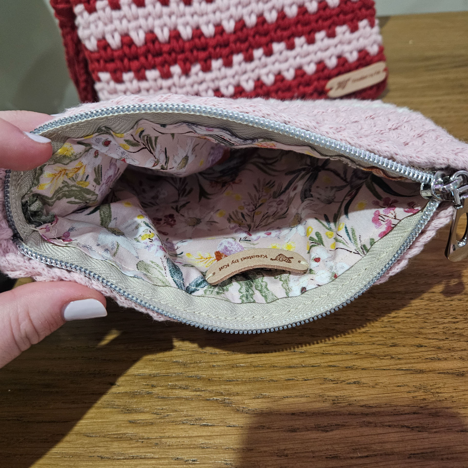 The inside of a crochet clutch in Rockhampton.