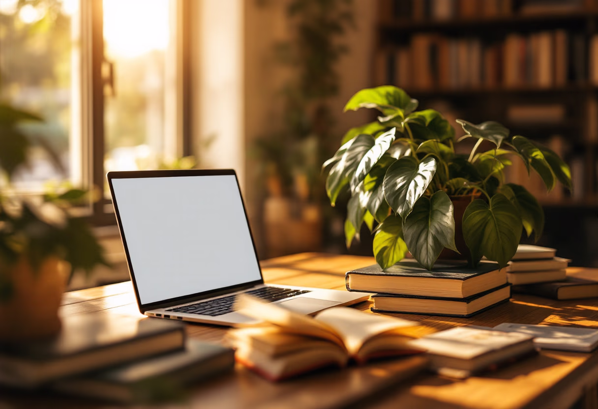 image of desk with a laptop and a plant (for a bookstore)