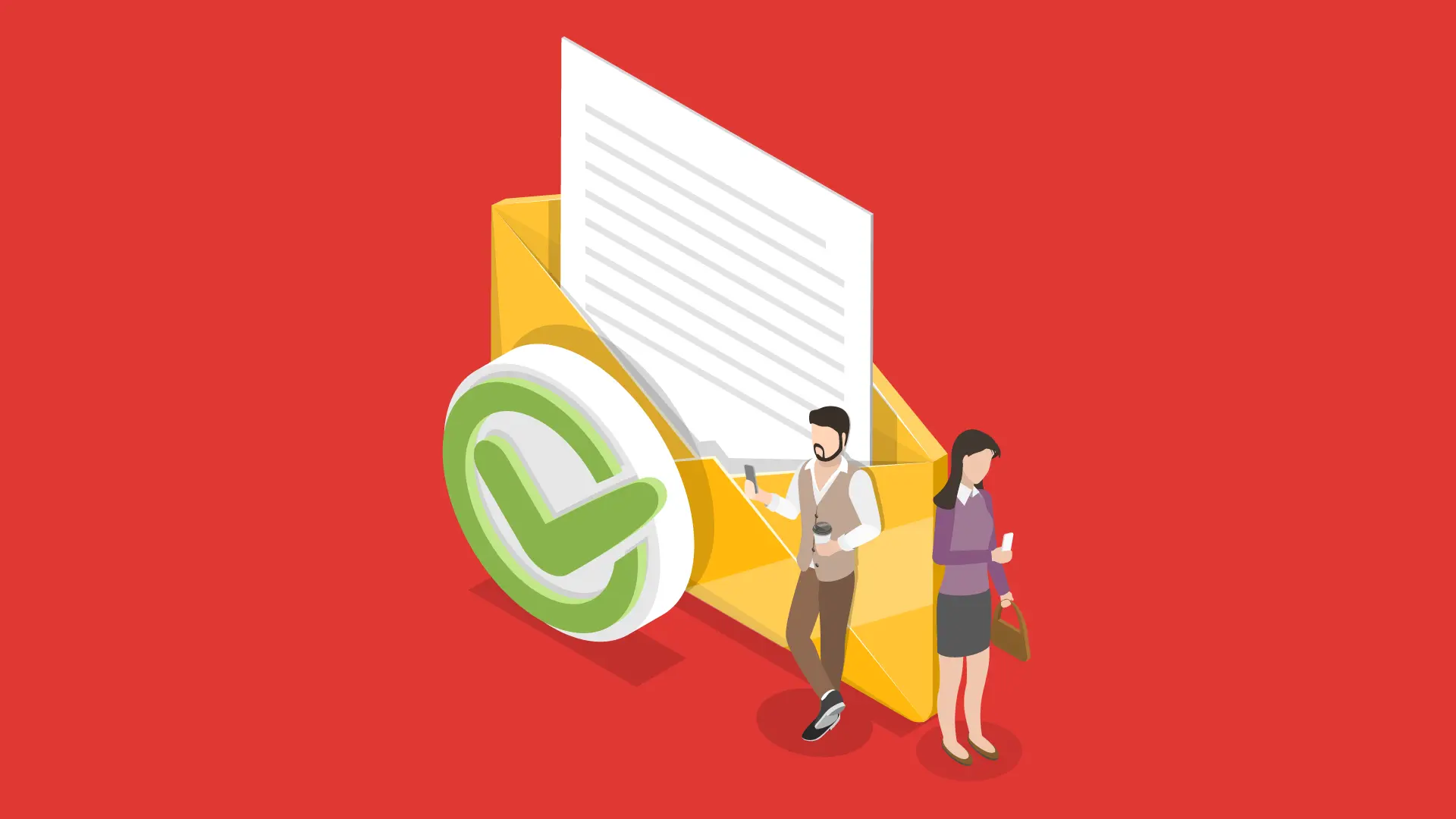 Two People Reading Emails Next To A Giant Envelope