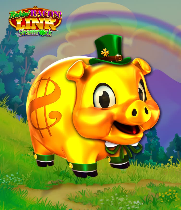 Golden AGS piggy bank with leprechaun hat near rainbow and shamrocks