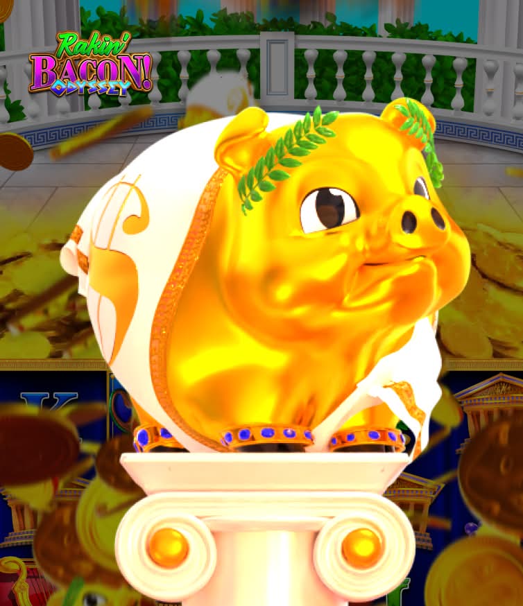 Golden piggy bank with AGS laurel wreath on classical column