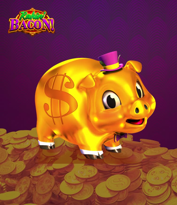 Golden AGS piggy bank with top hat sits on pile of coins, Rakin' Bacon
