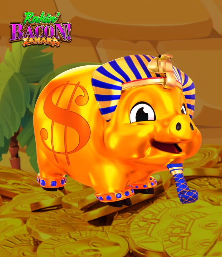 Golden piggy bank with Egyptian AGS theme sits on pile of coins