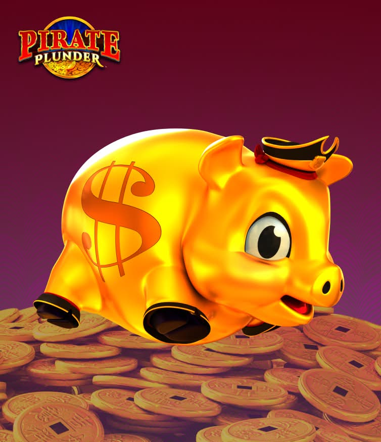 Golden piggy bank with AGS dollar sign sits on pirate treasure coins