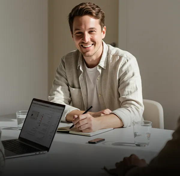 Smiling man seated at a table with a laptop, writing in a notebook during a meeting.