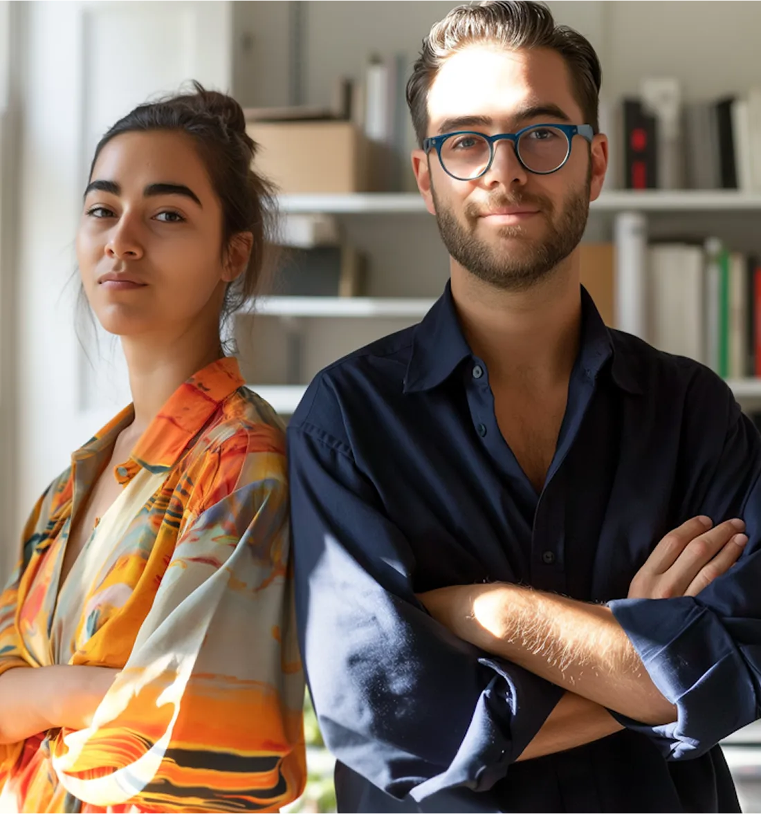Confident young woman in a colorful shirt and man with glasses and beard wearing a dark shirt stand side by side with arms crossed indoors.