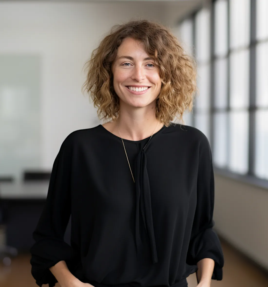 Smiling woman with curly light brown hair wearing a black blouse in a bright office space.