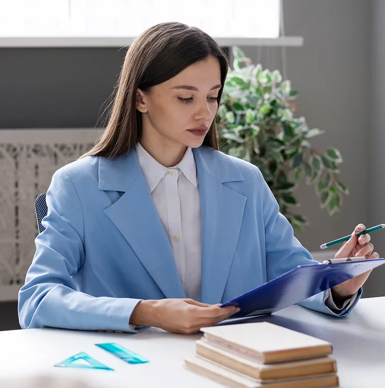 Woman in blue blazer reviewing documents on a clipboard at a desk with books and stationery.