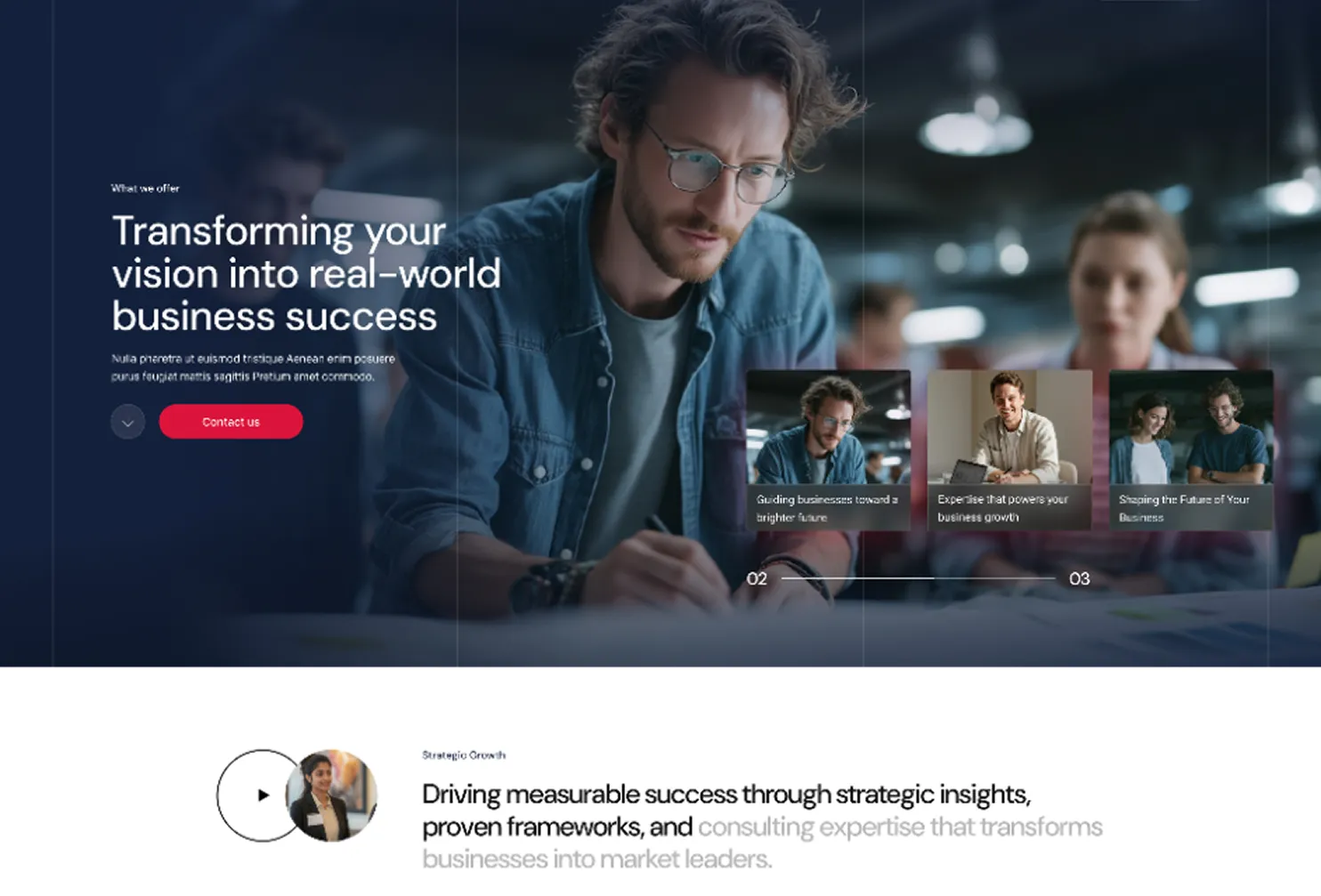 Business professional wearing glasses and a denim shirt working intently with blurred coworkers in the background, accompanied by text promoting business success transformation.