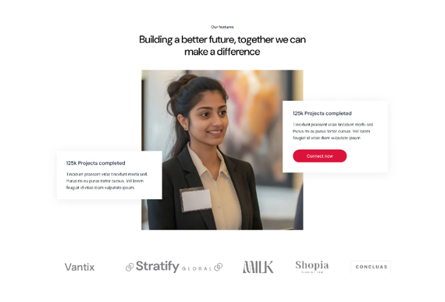 Smiling businesswoman in a black blazer with name badge, surrounded by text about completed projects and company logos.