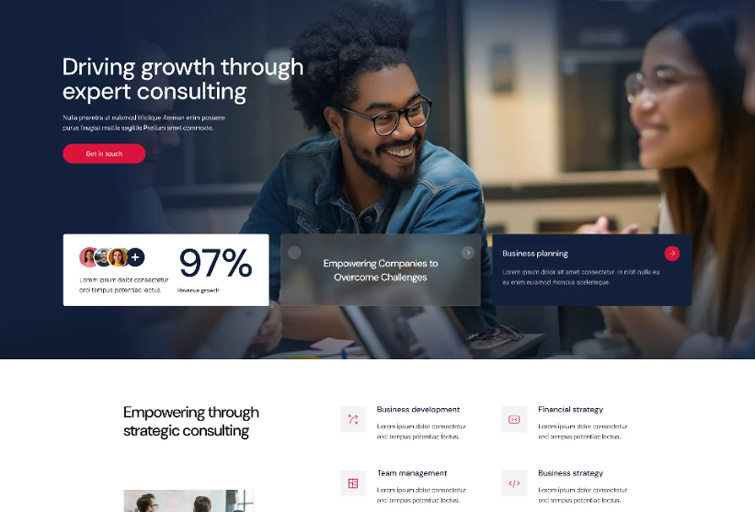 Smiling man with glasses and denim jacket conversing with a woman across table in an office setting, with consulting text overlays.