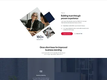 Businesswoman with glasses discussing documents with a colleague, alongside text about building trust through experience and improving business standing.