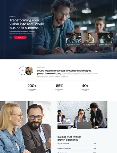 Man with glasses writing notes in a modern office, with colleagues and business success text overlay.