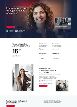 Website homepage showing strategic consulting services with smiling woman, business meeting screenshot, growth statistics, and sections on turning challenges into opportunities.