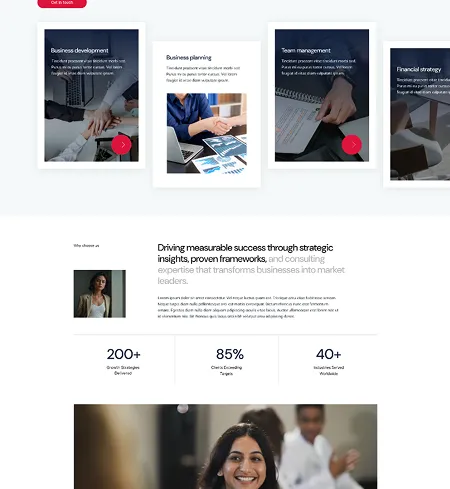 Website section showing four cards titled Business development, Business planning, Team management, and Financial strategy, followed by a heading about driving measurable success and business consulting metrics with a smiling woman in office background.
