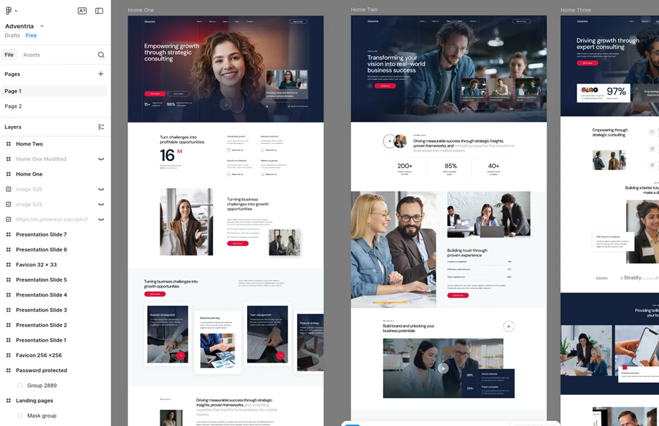 UI design interface displaying three consulting website homepage layouts with images of professionals, text about business growth, and navigation panels.