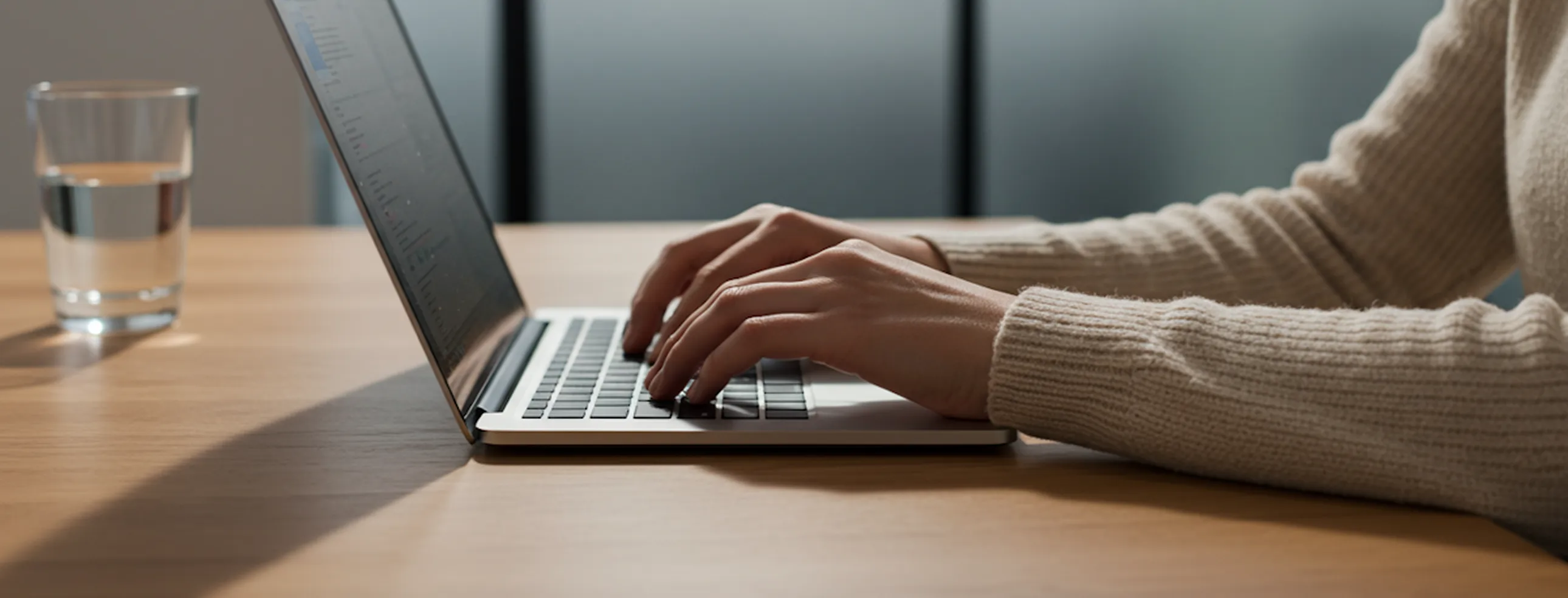 Person wearing a beige sweater typing on a laptop at a wooden table with a glass of water nearby.