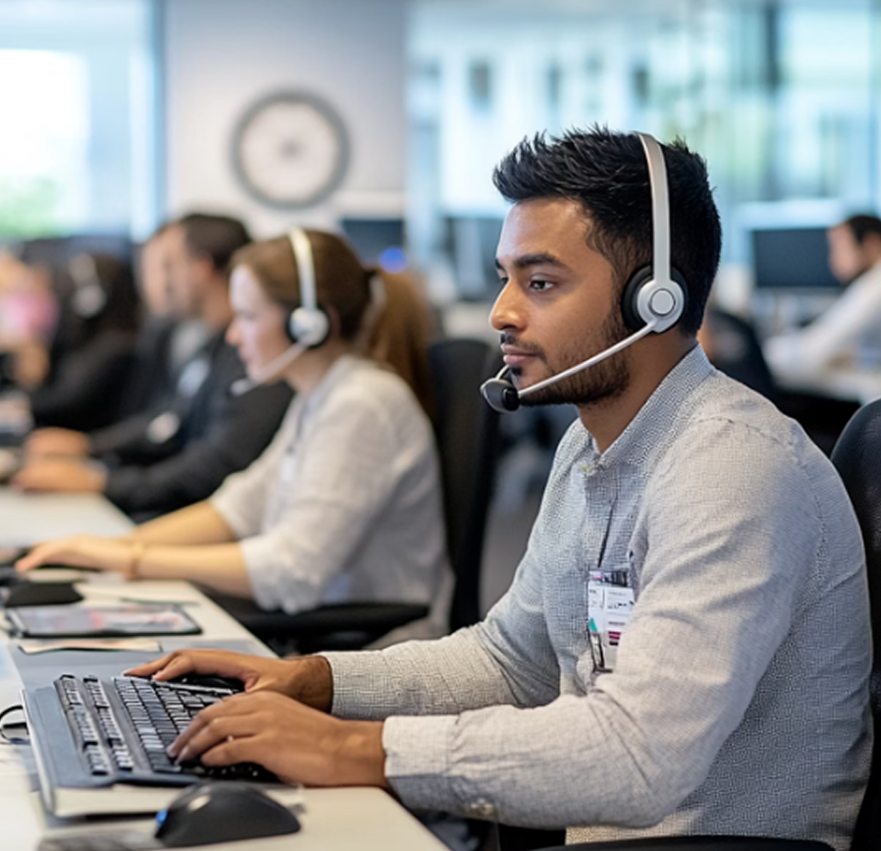 Customer service representatives wearing headsets and working at computers in an office call center.