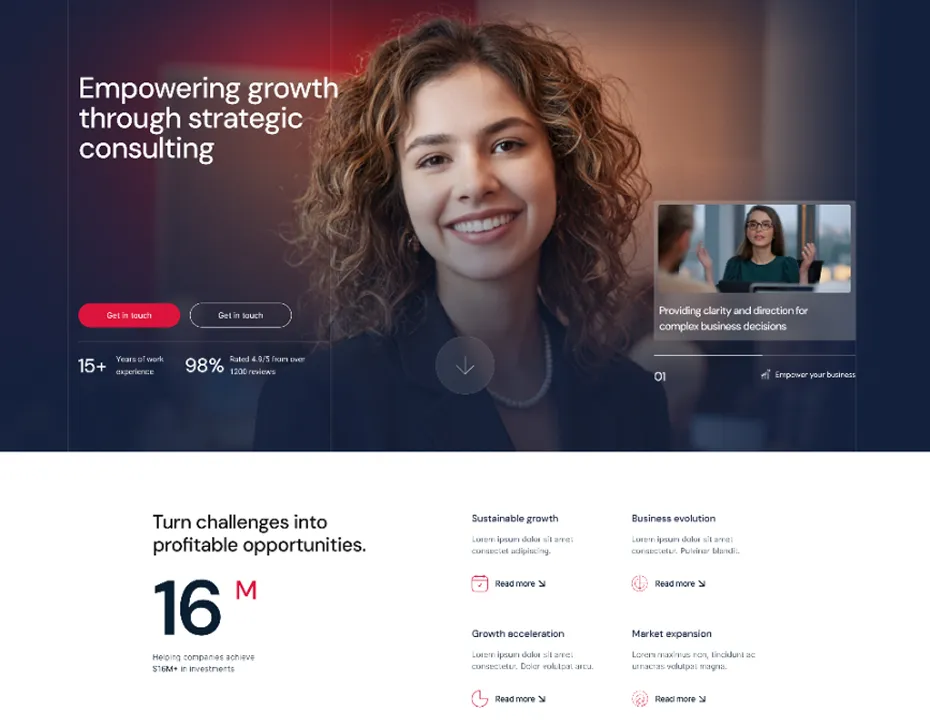 Smiling businesswoman with curly hair on a consulting service webpage featuring the text 'Empowering growth through strategic consulting' and business statistics.