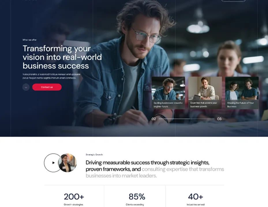 Man in glasses and casual shirt focusing on writing with blurred woman in background and business success text overlay.