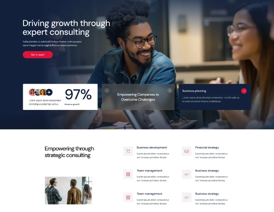 Website section showing a diverse team discussing, with text on expert consulting, 97% revenue growth, and business planning, plus consulting service categories.