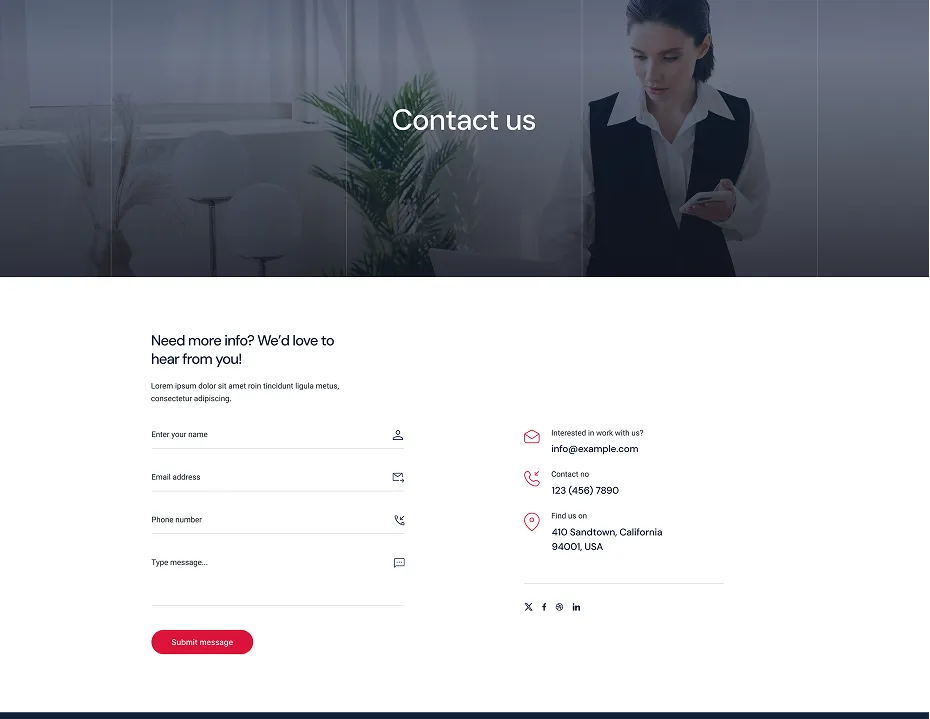 Contact us page with a woman standing in an office background and a form to enter name, email, phone number, and message, alongside contact details and social media icons.