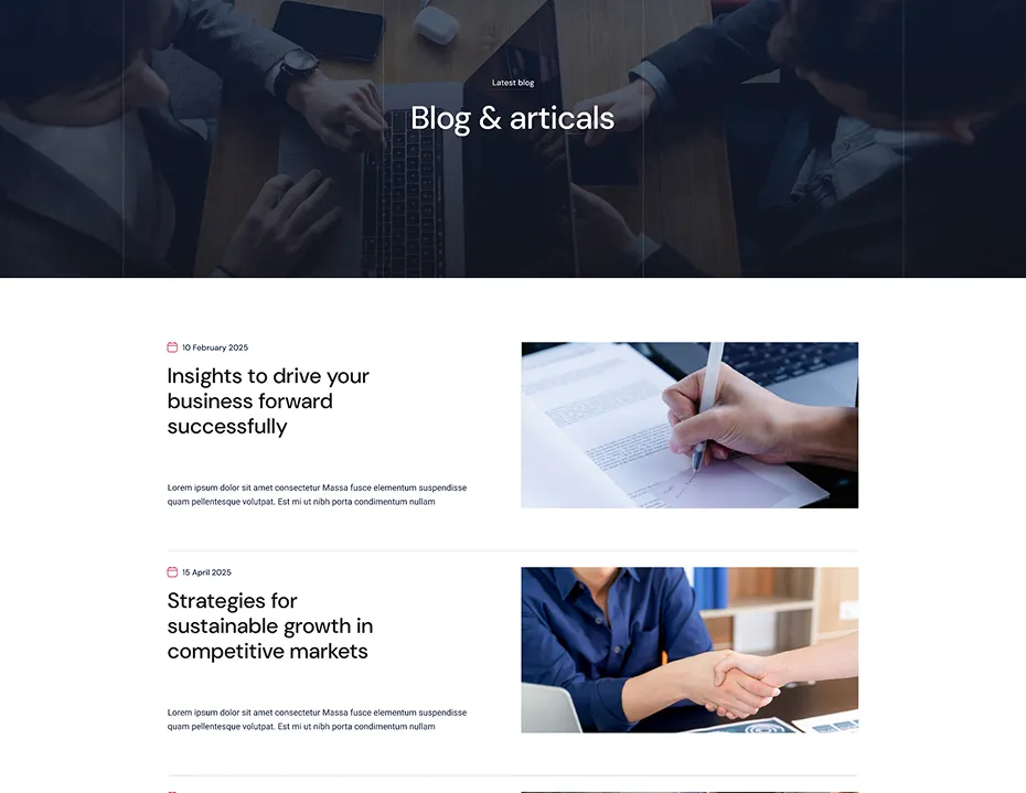 Website blog page titled 'Blog & articalls' showing two articles with dates, titles, summaries, and images of a hand signing a document and two people shaking hands.