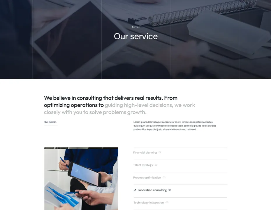 Website section titled 'Our service' showing business people collaborating with documents and a tablet on a table.