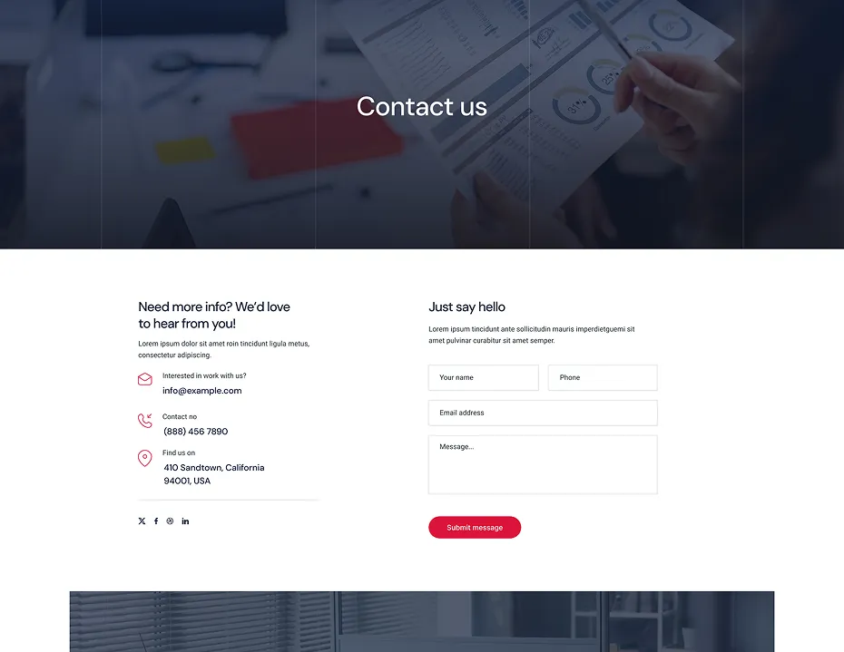 Contact us webpage section with a background image of hands holding documents, featuring contact information on the left and a message form on the right.