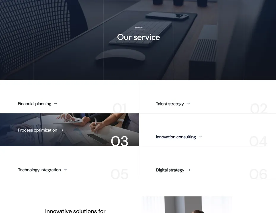 Computer keyboard, mouse, and smartphone on a desk with overlay text highlighting business services: Financial planning, Talent strategy, Process optimization, Innovation consulting, Technology integration, Digital strategy.