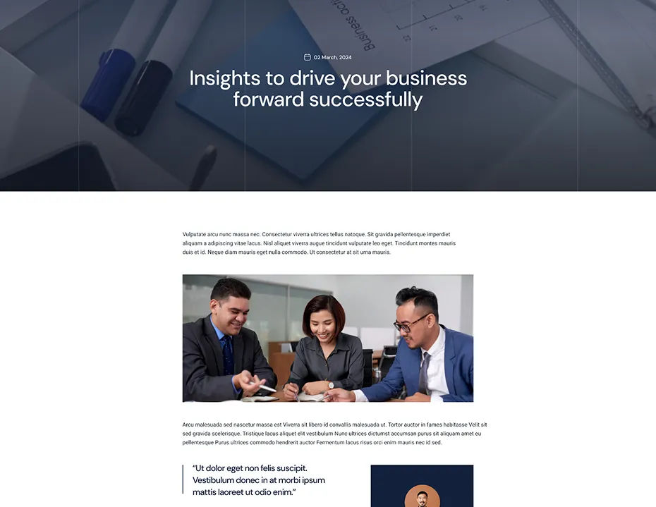 Three business professionals in formal attire collaborating over documents at a table.