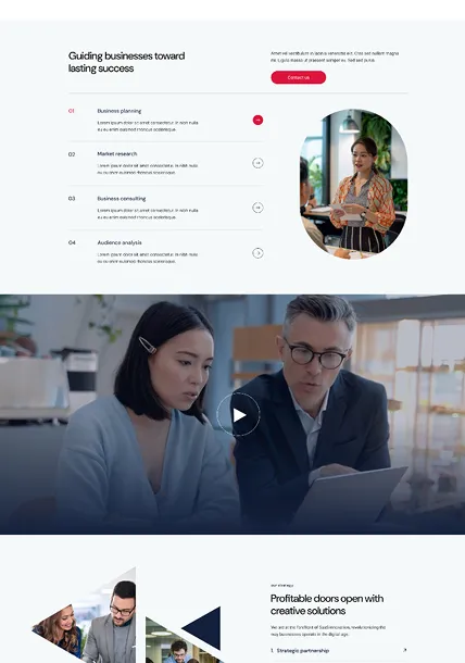Business webpage section with steps for business planning, market research, consulting, and audience analysis on the left; a woman holding a tablet in an oval photo on the right; below, a paused video showing a man and woman in discussion.