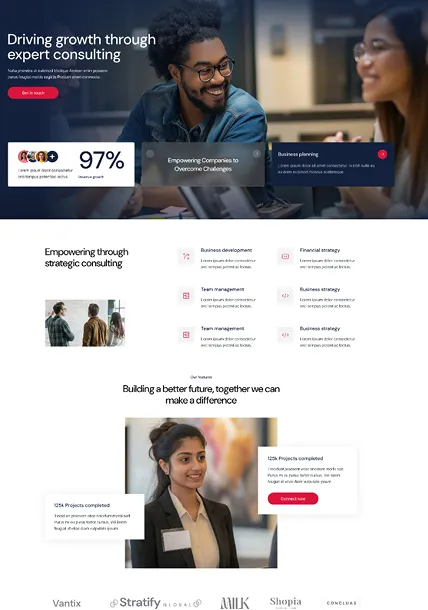 Two smiling professionals in a meeting discussing growth through expert consulting with sections highlighting 97% client satisfaction, business planning, and teams on strategic consulting and financial strategies.