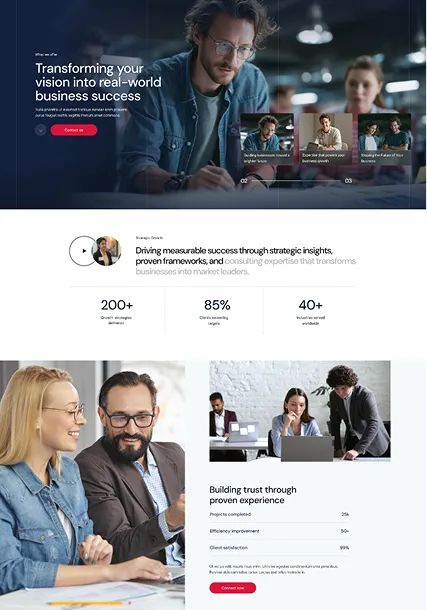 Business professionals collaborating in a modern office with text about transforming vision into business success, strategic insights, and building trust through experience.