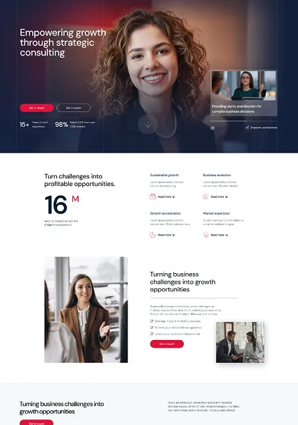 Business consulting webpage showing a smiling professional woman, strategic consulting benefits, growth metrics, and business opportunity solutions with call-to-action buttons.