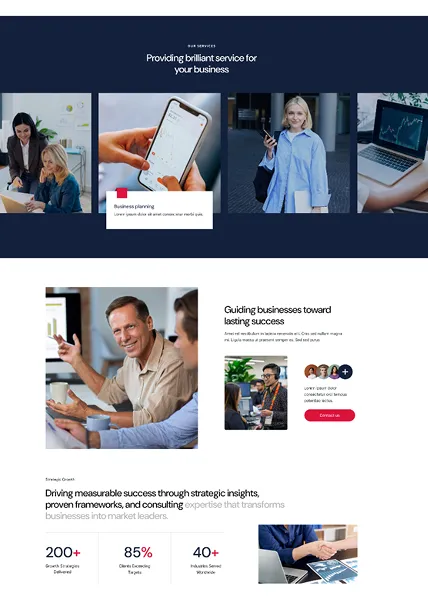 Business service webpage showcasing team collaboration, mobile app business planning, a businesswoman, and statistics on success metrics.