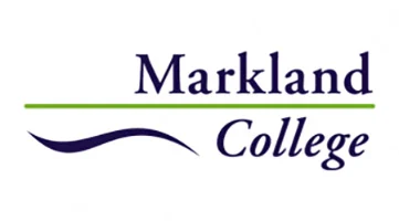 Markland College logo. Dark blue text, green line, and curved underline.