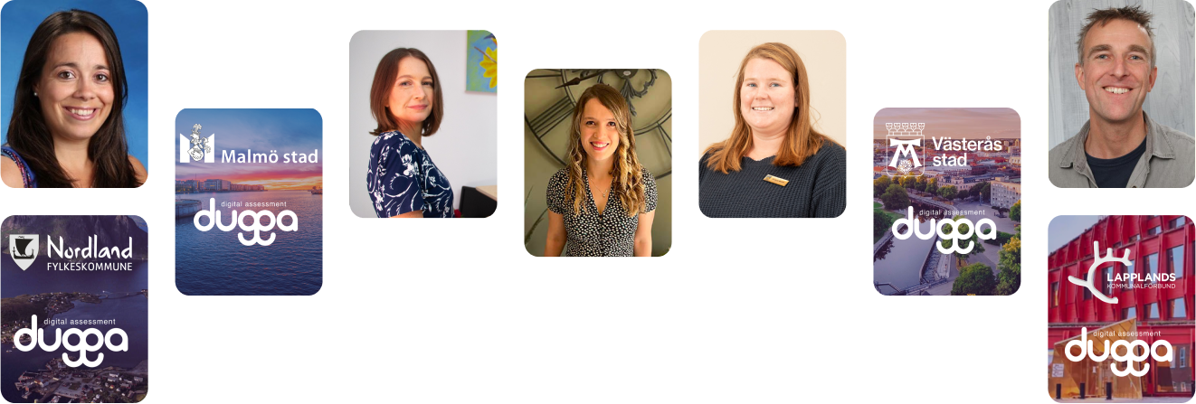 Smiling people; logos for Nordland, Malmö, Västerås, Lapplands with Dugga.