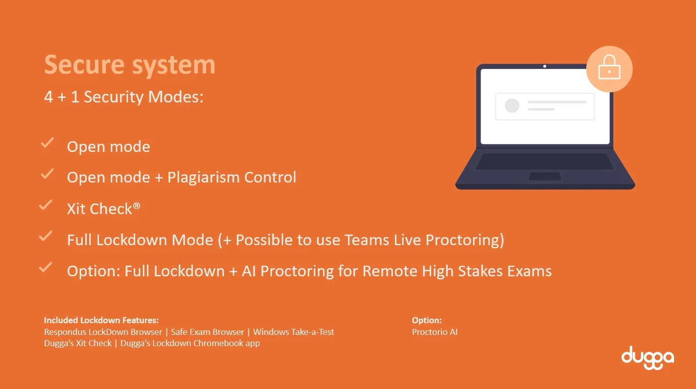 Laptop and text: Secure system with 4+1 security modes and lockdown features.