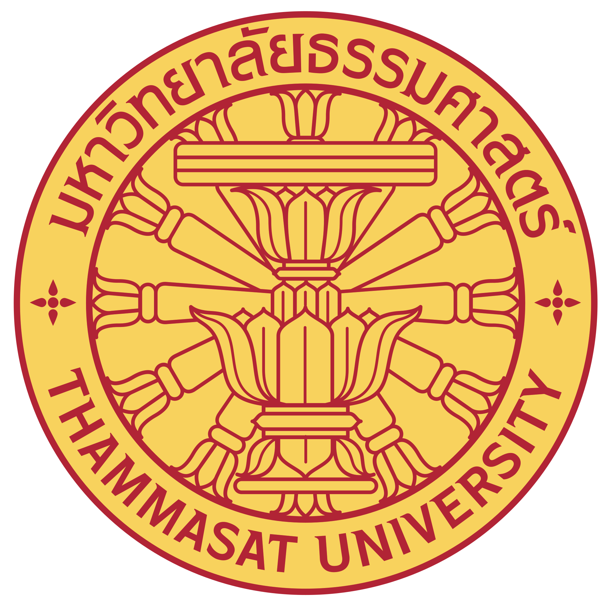 Thammasat University logo: red Dharmachakra, lotus, Thai & English text.