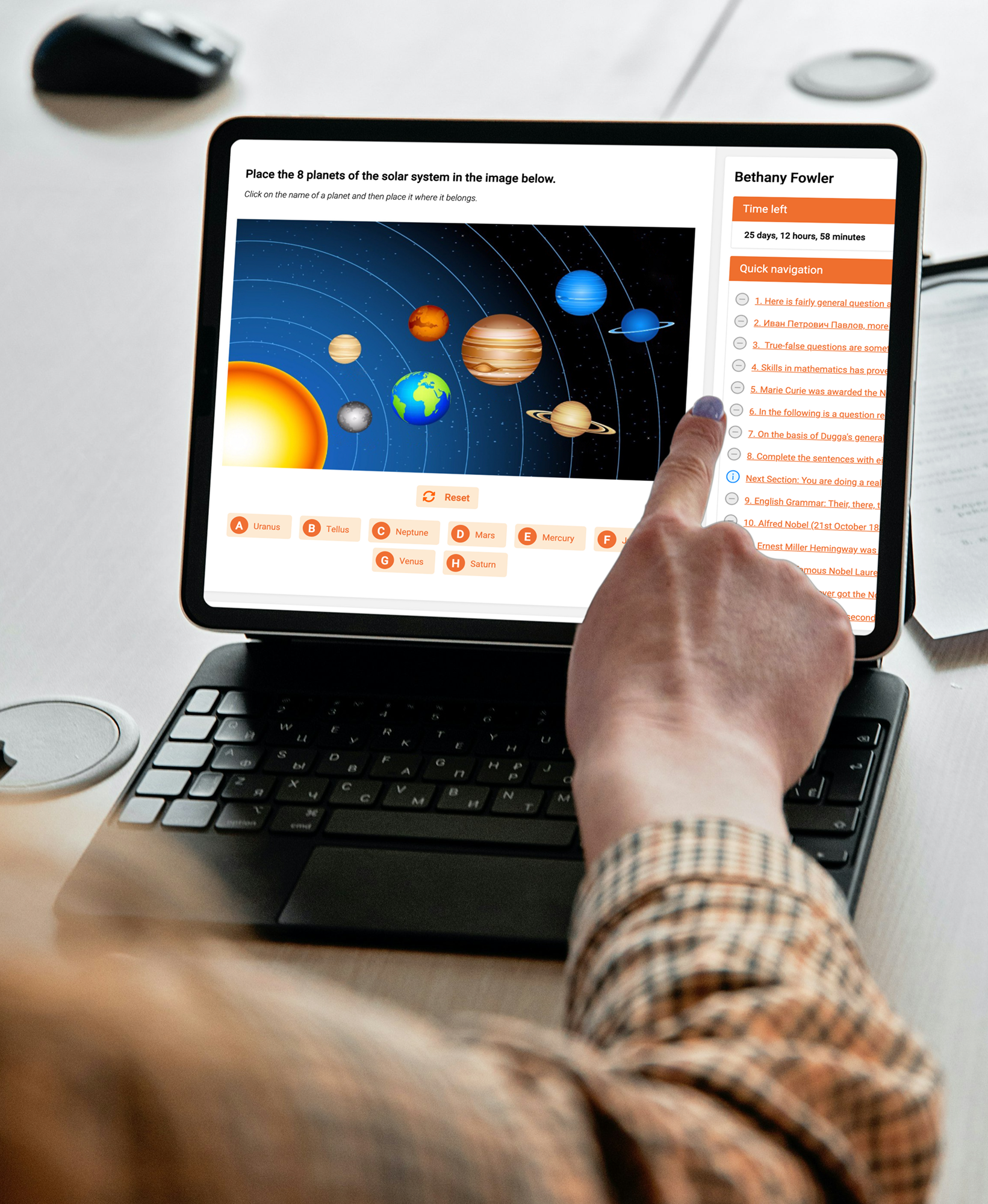 Hand touches tablet screen with solar system puzzle and quiz interface.