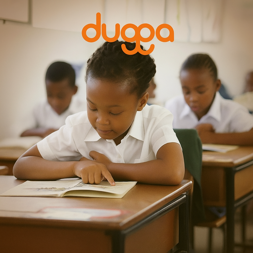 Young Black girl in school uniform reads a book in a classroom. Dugga logo.