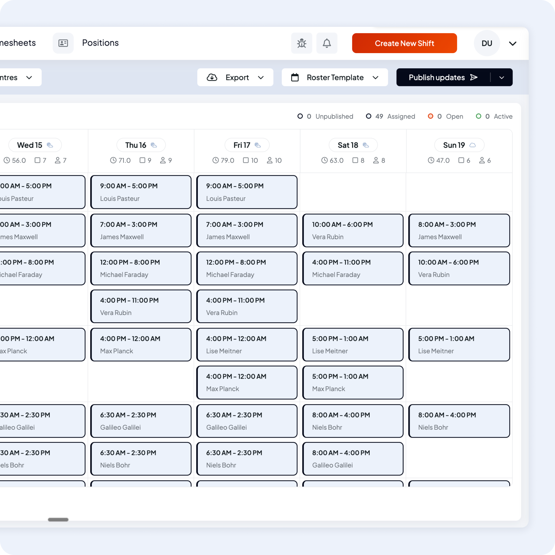 Weekly scheduling calendar with shifts displayed in time slots, showing applicants, assigned staff, and options to add new positions or publish shifts.