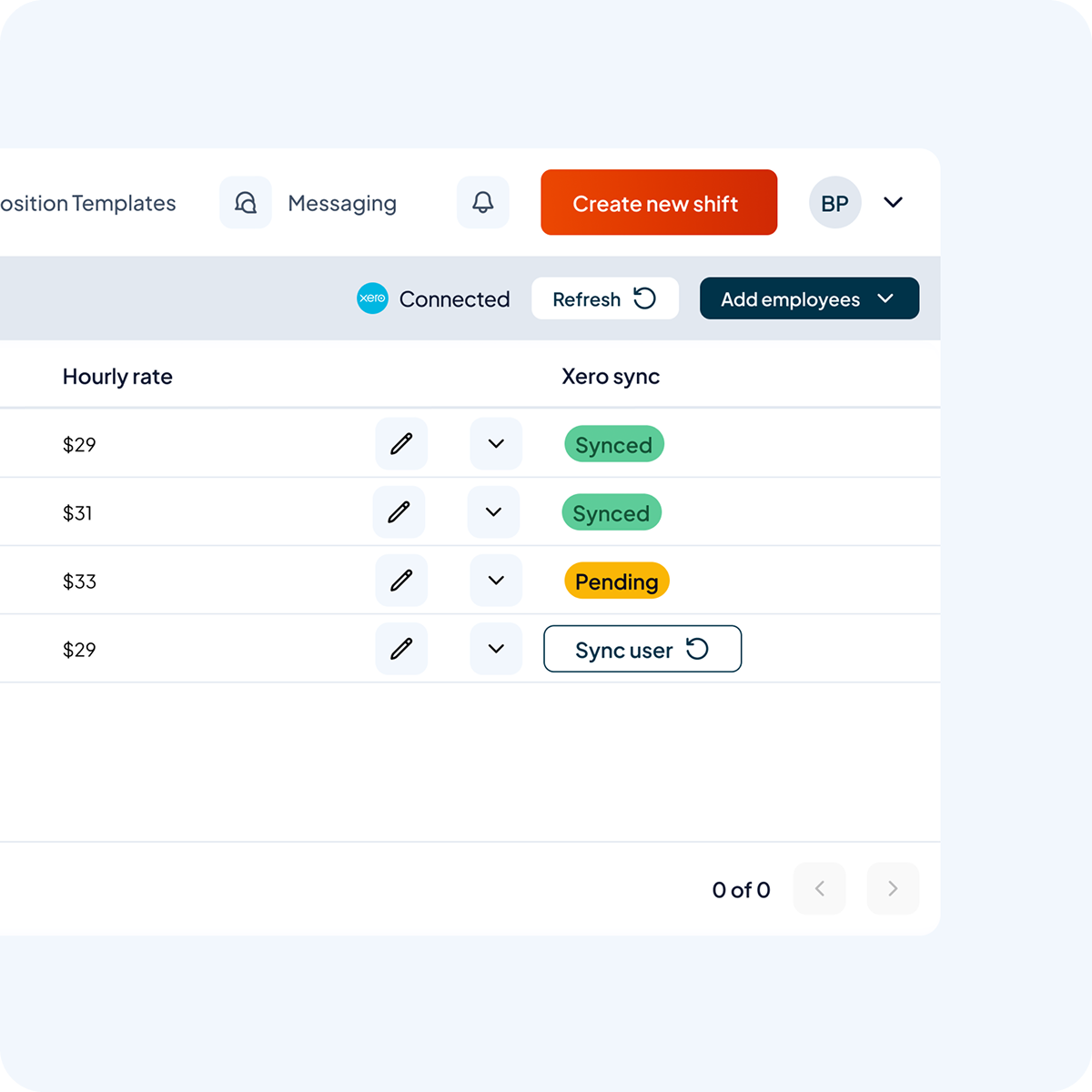 Dashboard with Xero sync statuses displaying 'sync user'. 'pending' and 'synced'