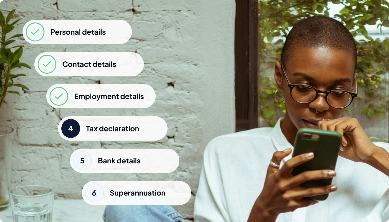 Onboarding progress screen showing steps: Personal details, Contact details, Employment details, Tax declaration, Bank details and Superannuation.