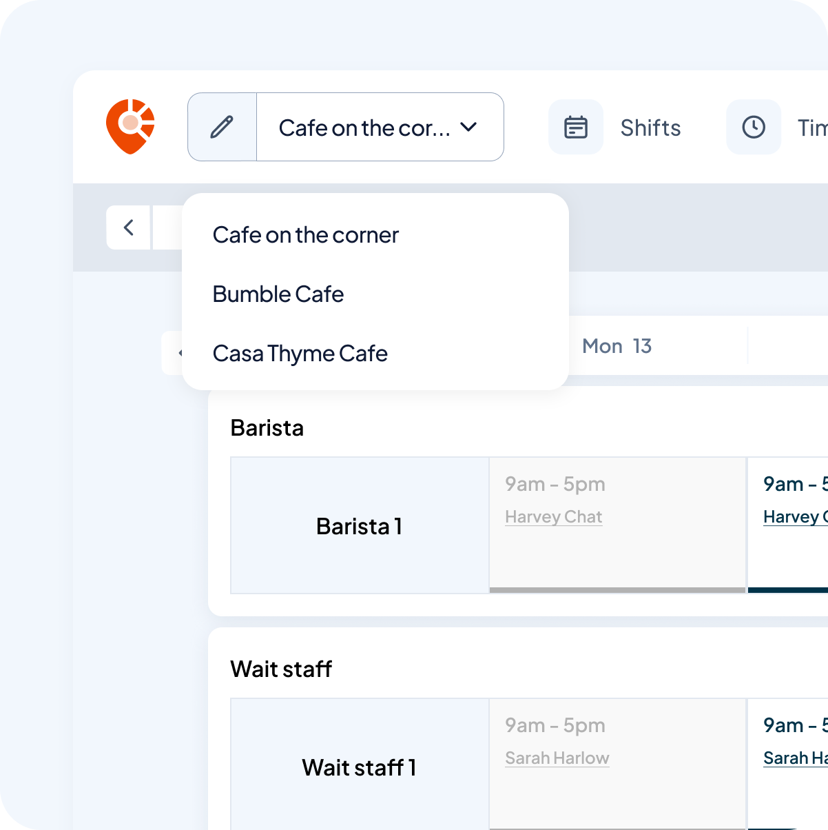 Scheduling dashboard displaying a location dropdown field to toggle between locations