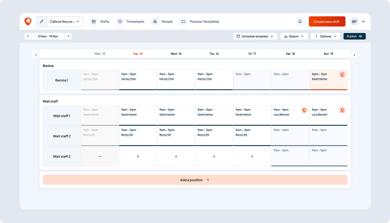 Shift scheduling dashboard showing weekly staff roles and shifts. Some shifts are confirmed and another shift has two pending applications.