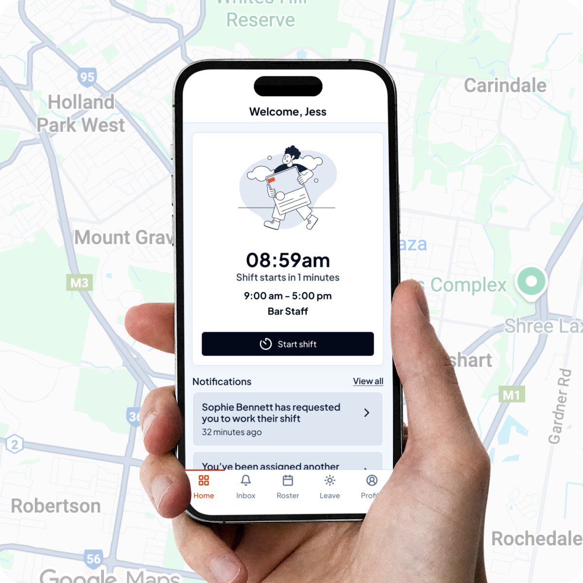 Shiftly mobile mockup displaying clock in feature via mobile dashboard