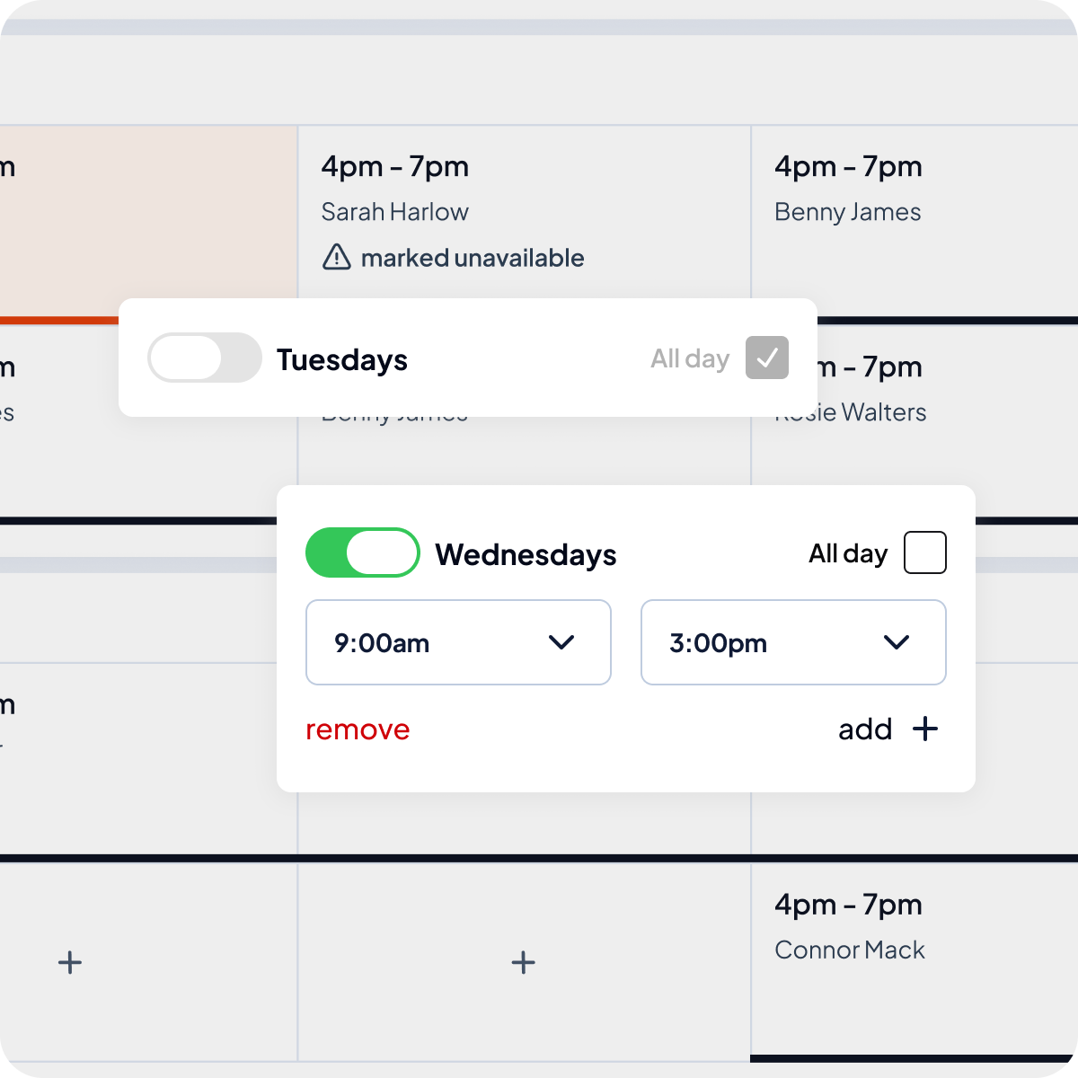 Image displaying toggle on or off daily availability, or set available time slots. 